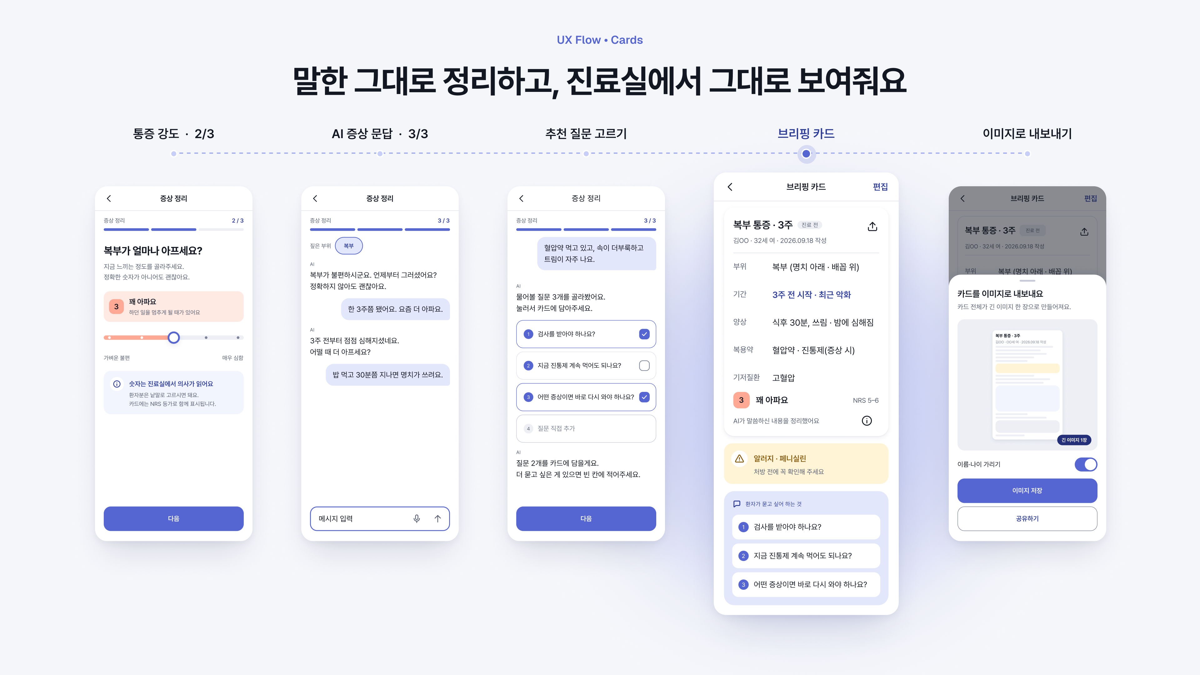 증상 정리에서 브리핑 카드까지. 말한 그대로 정리하고, 진료실에서 그대로 보여줘요.